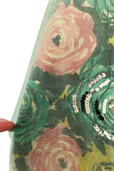 Gorgeous 1950s David Hart Organza Covered Cotton Floral Print Dress w Sequin Detailing