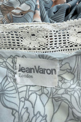 Outstanding 1970s Jean Varon Crane & Ocean Print Jersey Caftan Dress w Hand Crocheted Collar