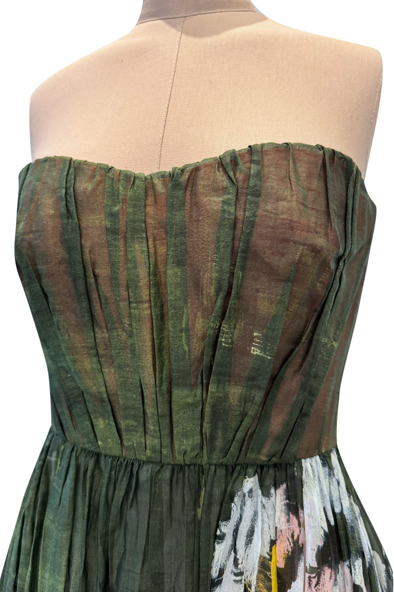 Magical Fall 2019 Valentino Strapless Pleated Green Cotton Dress w Painted Floral Detailing