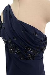 Spring 2008 Christian Dior by John Galliano Deep Blue Silk Chiffon One Shoulder Dress w Beading