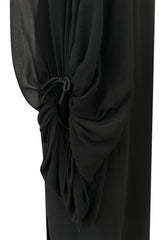 Minimalist c.1978 Pierre Cardin Haute Couture Black Silk Chiffon Dress w Huge Balloon Sleeves