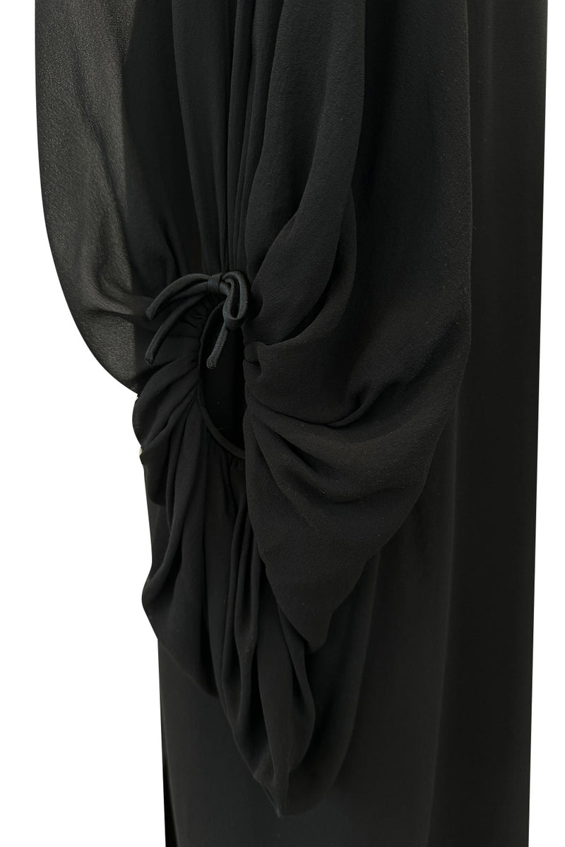 Minimalist c.1978 Pierre Cardin Haute Couture Black Silk Chiffon Dress w Huge Balloon Sleeves
