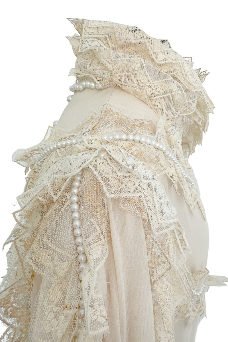 Incredibly Rare Fall 1979 Chloe by Karl Lagerfeld Couture Runway Ivory Chiffon & Lace Dress w pearl Details