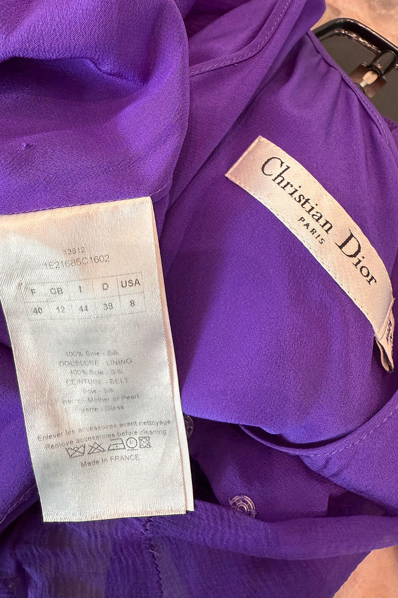 Spring 2001 Christian Dior by John Galliano Purple Silk Chiffon One Shoulder dress w Matching Pink & Red Floral Tie Belt