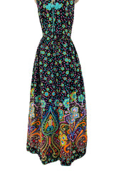 Prettiest Early 1970s Oscar de la Renta Floral Printed Halter Dress w Frog Knots & Open Back