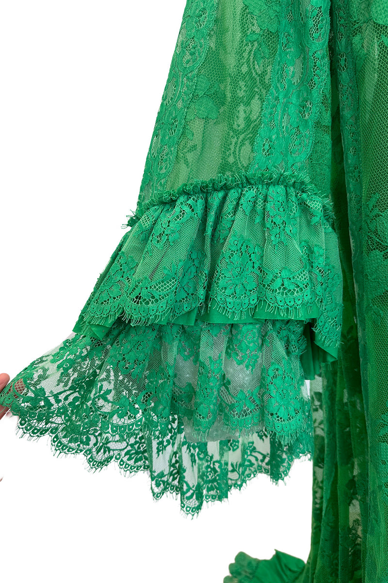 Remarkable Resort 2019 Gucci by Alessandro Michele Runway Look 9 Green Lace & Net Ruffle Dress w Train
