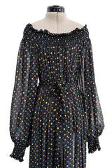 Spring 1978 Yves Saint Laurent Runway & Ad Campaign Off Shoulder Silk Chiffon Dot Dress