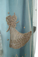 Prettiest Vintage Unlabeled Dusty Pale Blue Net Applique & Embroidered Dress w Ribbon Waist Tie