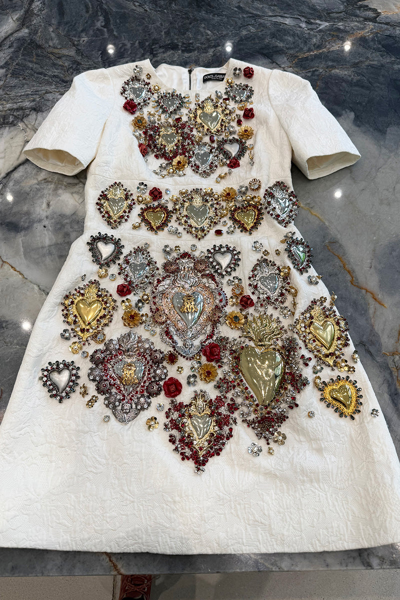 Spring 2015 Dolce & Gabbana Runway Look 48 Silk Brocade Mini Dress w Elaborate Front Embellishments