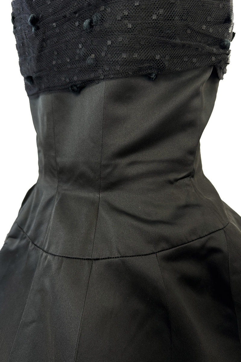 Extraordinary Winter 1954 Cristobal Balenciaga Haute Couture Strapless Black Silk Dress w Lace Bodice