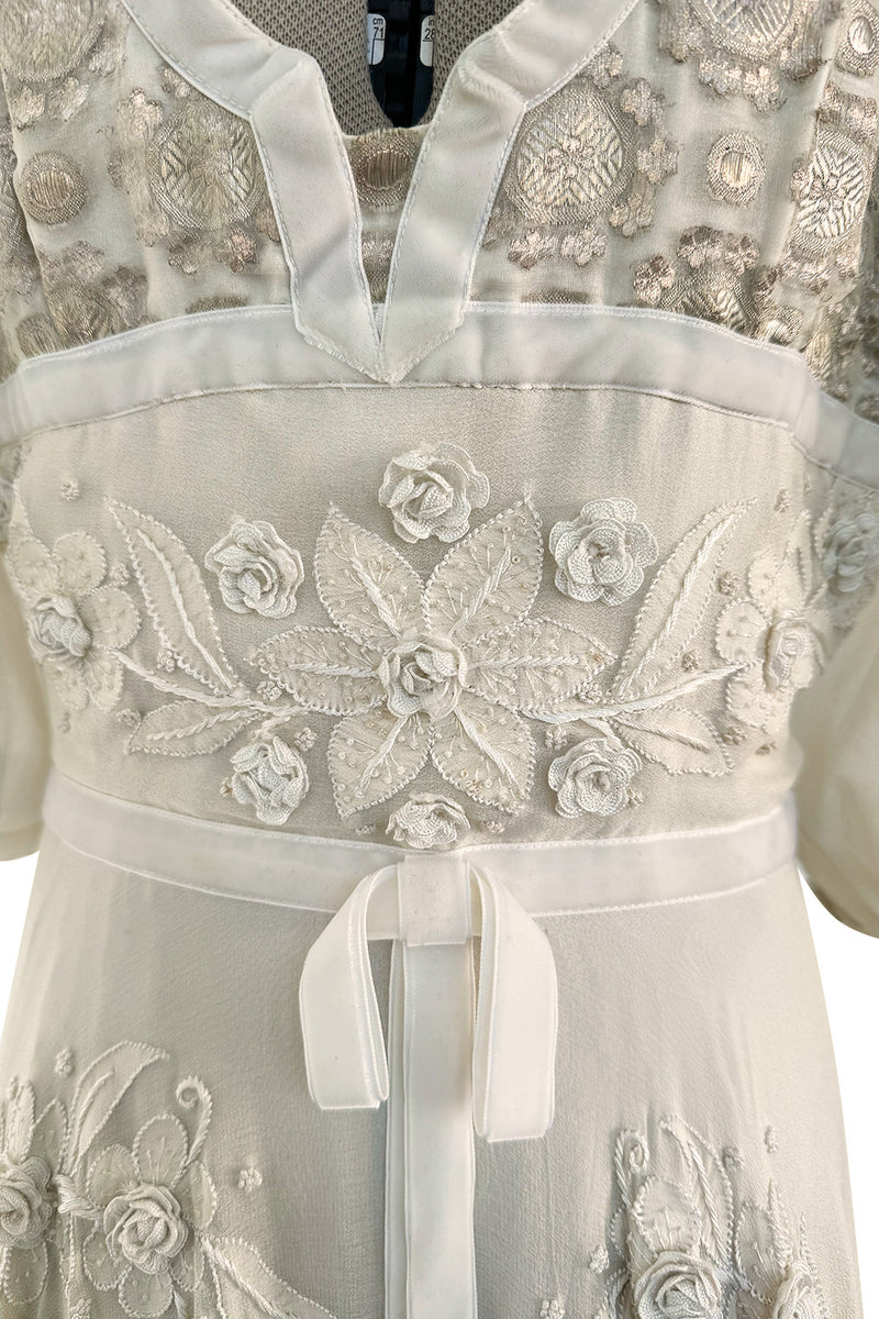Rare 1969-75 Thea Porter Couture Embroidered Silk Organza & Gold Metallic Dress w Balloon Sleeves