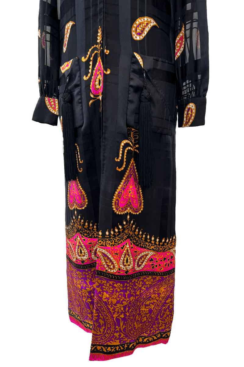 Documented Fall 1970 Valentino Printed Black Ribbon Silk Chiffon Dress w Huge Tassel Detail