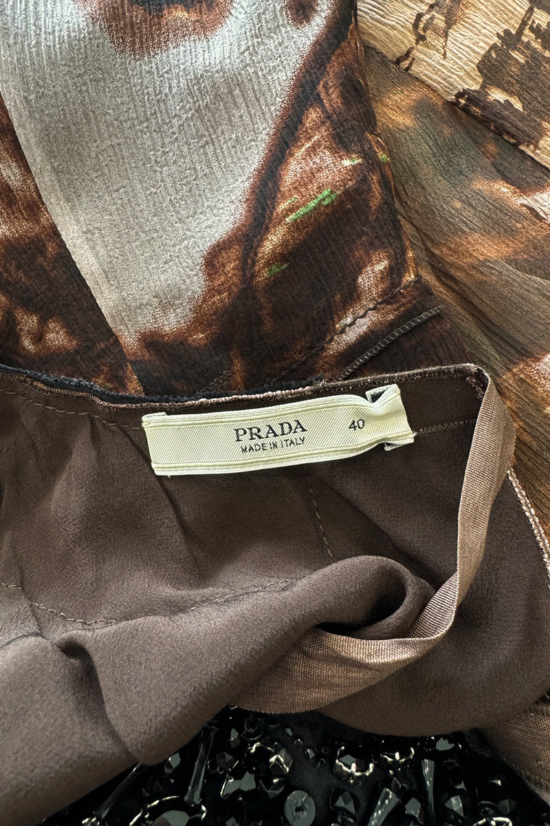 Prettiest Fall 2004 Prada Runway & Ad Campaign Print Silk Chiffon Dress w Beaded Detailing