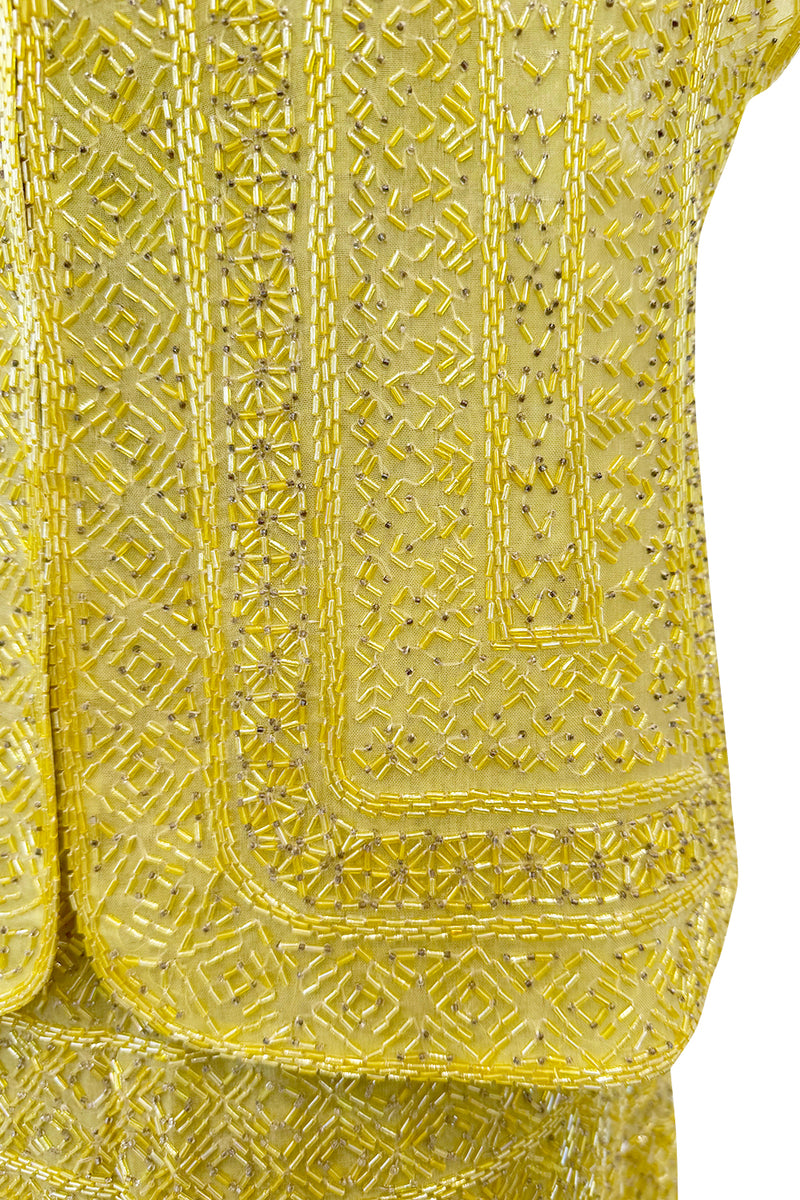 Incredible Late 1970s Halston Couture Hand Beaded Silk Skirt & Sleeveless Top Set in Yellow
