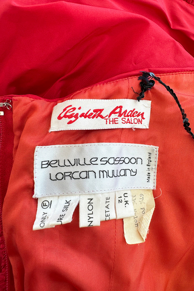 Late 1980s Bellville Sassoon Strapless Red Silk Dress w Full Skirt & Black Glitter Tulle Underskirt & Bow