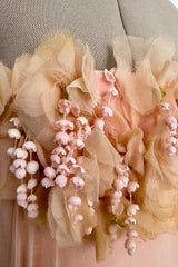 Prettiest 1960s Unlabeled Pale Pink Strapless Dress w Silk Chiffon & Flower Detailed Bodice