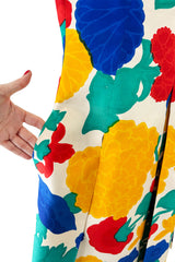 Happiest 1960s James Galanos Bright Floral Print Silk Dress w Pleated Skirt & Rounded Collar