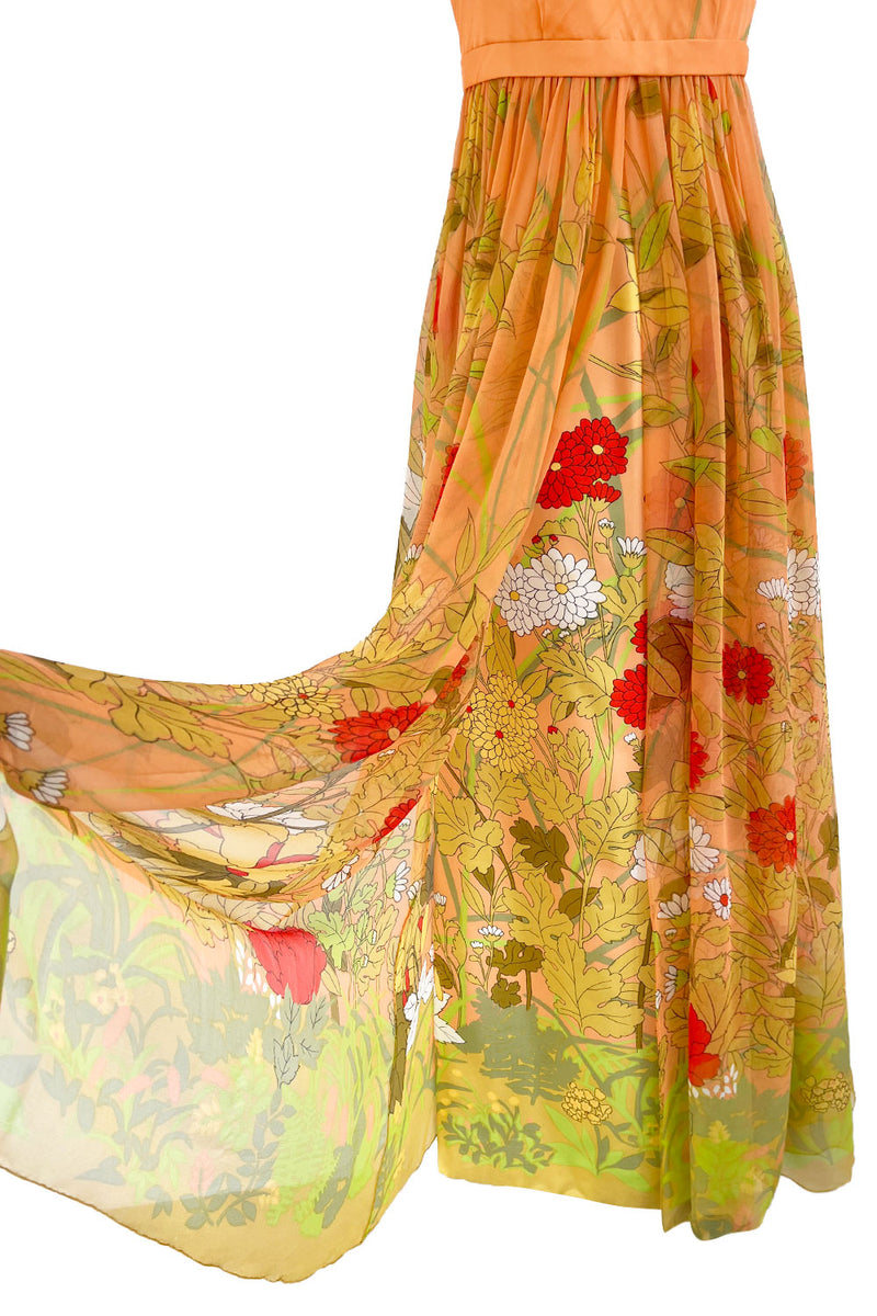Gorgeous 1970s Hanae Mori Strapless Pastel Floral Print Chiffon & Silk Dress w Shawl