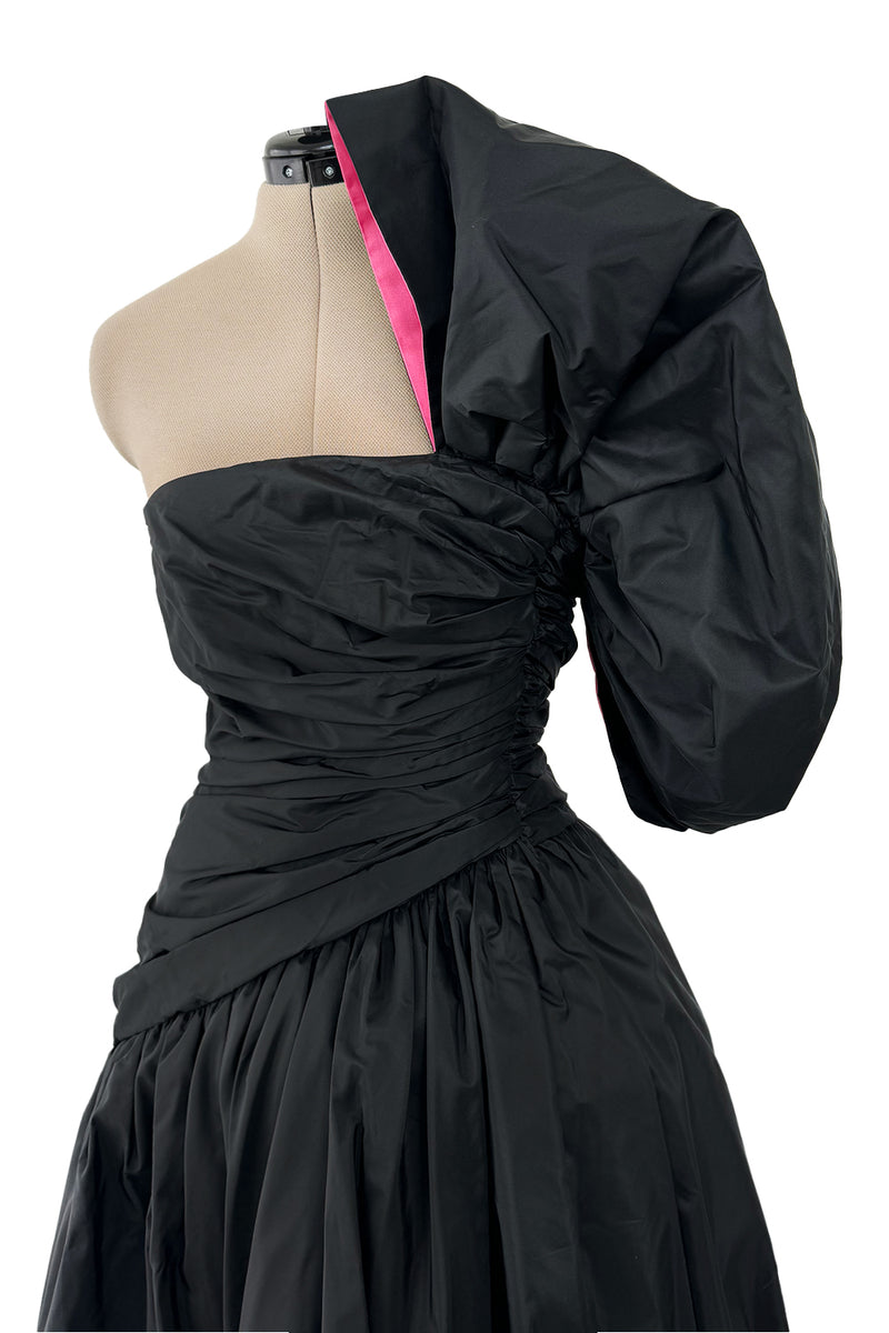 Striking 1980s Arnold Scaasi Couture Black Silk Strapless Dress w Pink Lined Half Bow & Shawl