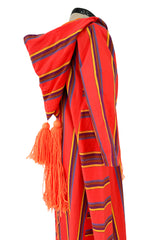 Incredible 1960s Josefa Striped Cotton Caftan Dress w Hood & Huge Orange Yarn Tassel Detailing