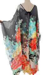 1970s Hanae Mori Silk Twill & Chiffon Caped Overlay Caftan Dress