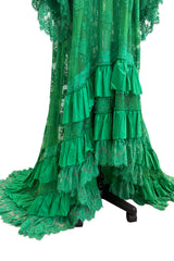 Remarkable Resort 2019 Gucci by Alessandro Michele Runway Look 9 Green Lace & Net Ruffle Dress w Train