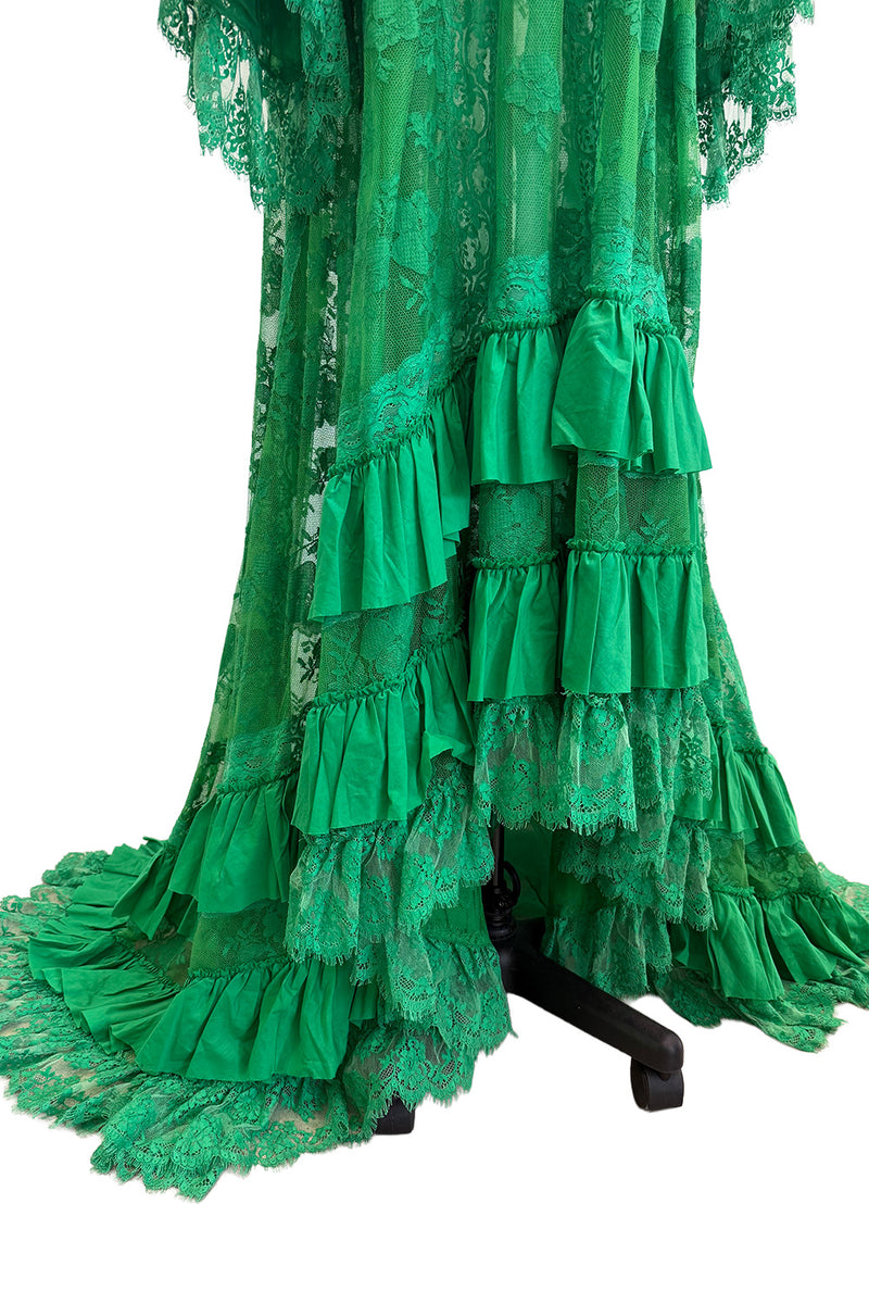 Remarkable Resort 2019 Gucci by Alessandro Michele Runway Look 9 Green Lace & Net Ruffle Dress w Train