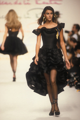 Gorgeous Spring 1992 Oscar de la Renta Runway Black Silk Organza Net Ruffled Off Shoulder Dress