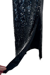 Beautiful 1980s Louis Feraud Glossy Black Sequin Silk Chiffon Dress w Tiered & Ruffled Sleeves