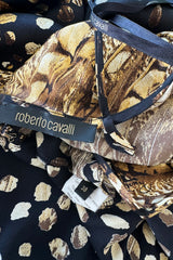Gorgeous Spring 2005 Roberto Cavalli Black & Gold Feather Print Bias Cut Silk Dress w Open Criss Cross Back