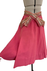 1950s Unlabeled Lanvin-Castillo Couture Elaborate Gold Beaded Pink Waffle Weave Top & Skirt