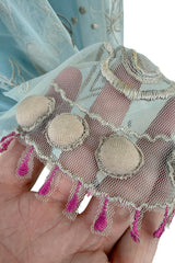 Prettiest Vintage Unlabeled Dusty Pale Blue Net Applique & Embroidered Dress w Ribbon Waist Tie