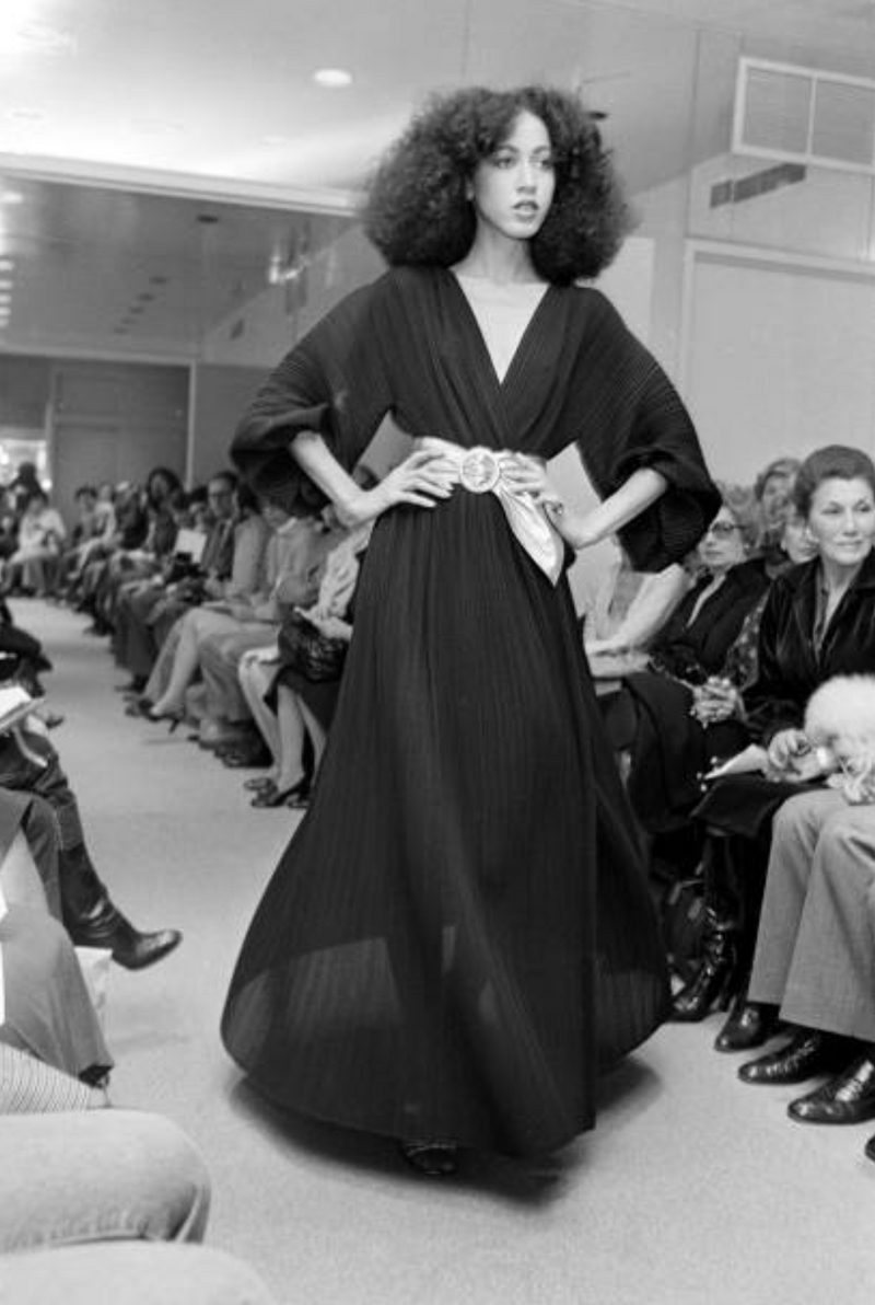 Incredible Spring 1978 Halston IV Plunged & Pleated Black Wrap Runway Dress w Balloon Sleeves