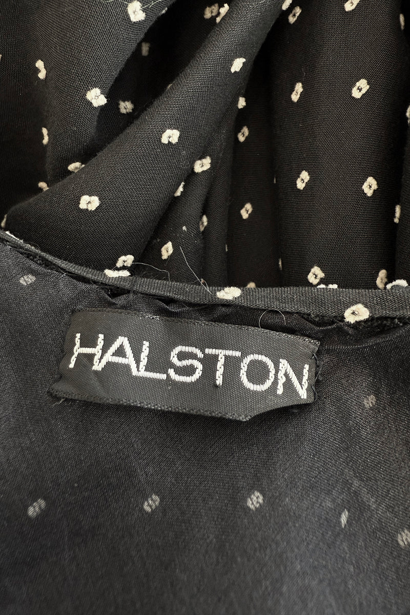 Dreamy 1981 Halston White Embroidered Dot on Black Wrap Off Shoulder Dress w Caped Neckline