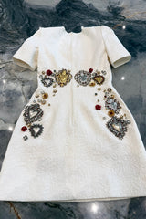 Spring 2015 Dolce & Gabbana Runway Look 48 Silk Brocade Mini Dress w Elaborate Front Embellishments