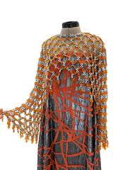 Ultra Rare 1990s Paco Rabanne Haute Couture Metallic Silver & Coral Dress w Chainlink Top & Headpiece