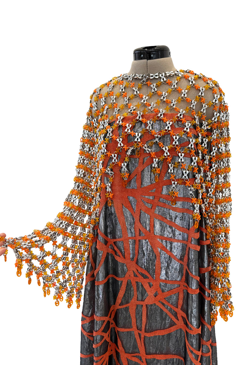 Ultra Rare 1990s Paco Rabanne Haute Couture Metallic Silver & Coral Dress w Chainlink Top & Headpiece