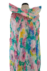 Beautiful 1980s Pierre Cardin Haute Couture Silk Chiffon Pastel Floral Ruffled Strapless Dress & Cape