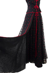 Fantastic 1970s Stavropoulos Wrap Skirt and Top Set w Embroidered Red Dots & Metallic Thread Pattern