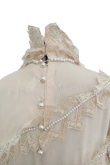 Incredibly Rare Fall 1979 Chloe by Karl Lagerfeld Couture Runway Ivory Chiffon & Lace Dress w pearl Details