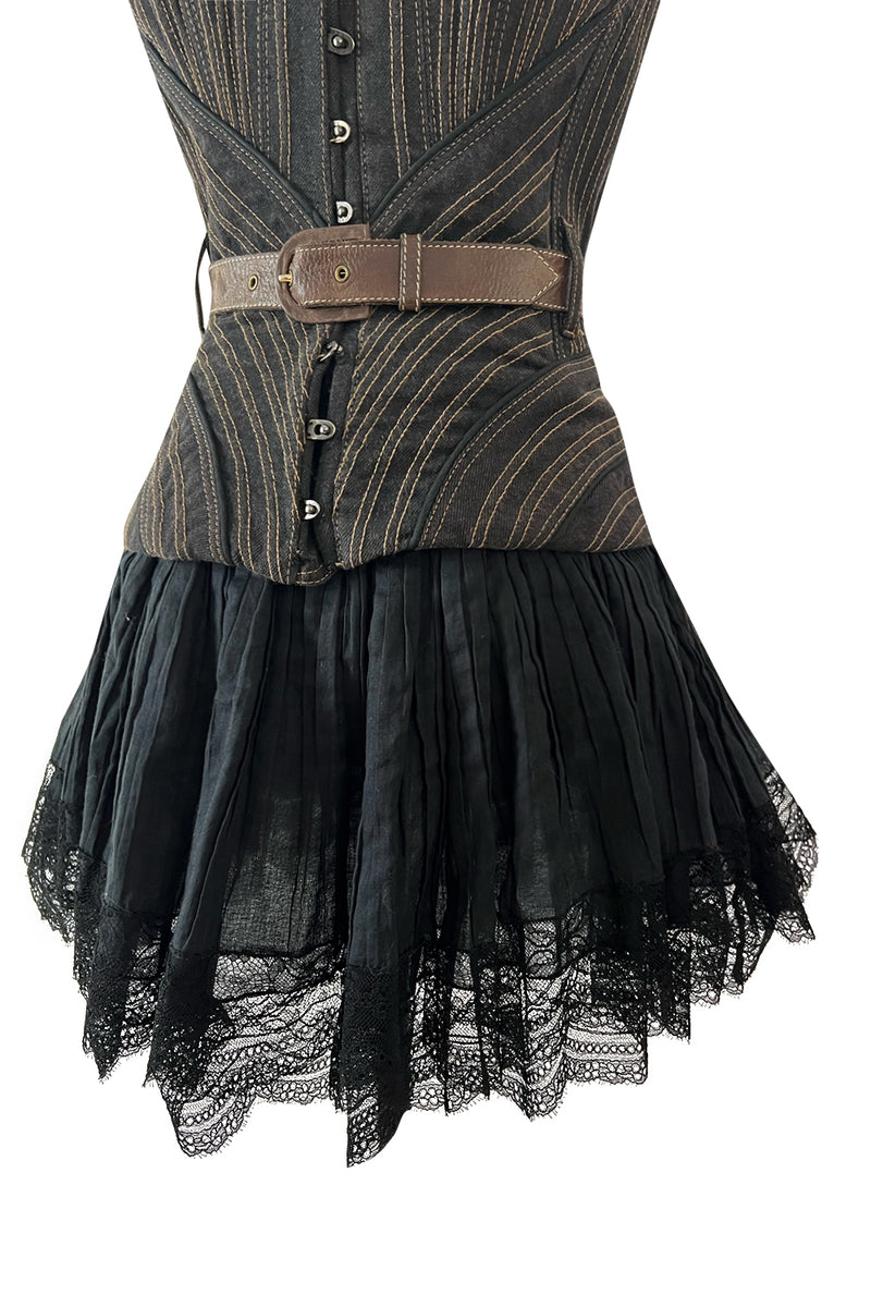 Exceptional Fall 2002 Alexander McQueen Runway Look 44 Corset Mini Dress w Leather Details