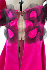 Book Documented Spring 1988 Bill Blass Bright Pink Silk & Black Net Ruffle Dress w Pouf Sleeves