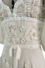 Rare 1969-75 Thea Porter Couture Embroidered Silk Organza & Gold Metallic Dress w Balloon Sleeves