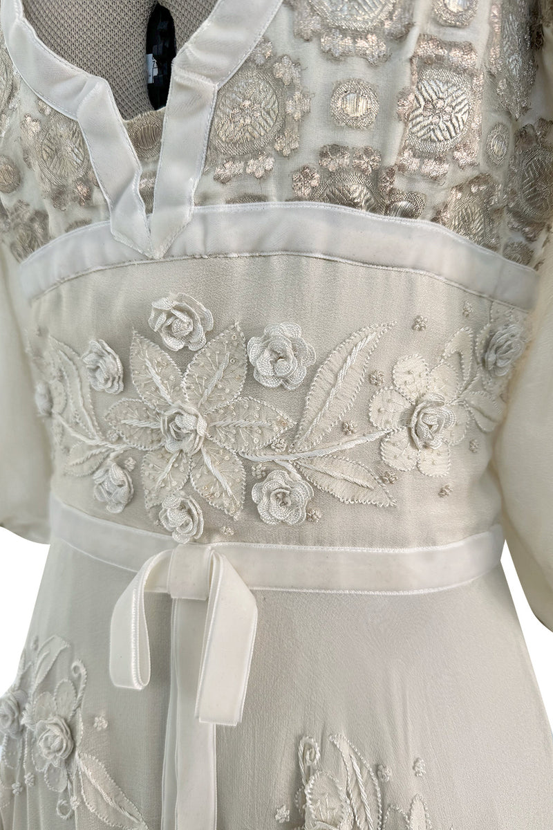 Rare 1969-75 Thea Porter Couture Embroidered Silk Organza & Gold Metallic Dress w Balloon Sleeves