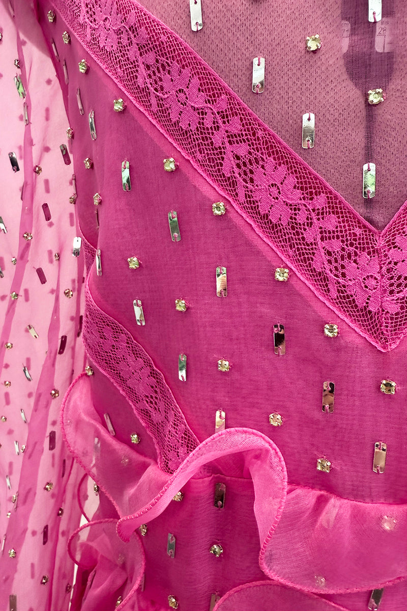 Spring 2018 Valentino by Pierpaolo Piccioli Pink Silk Organza Dress w Rhinestones & Metallic Silver Appliques