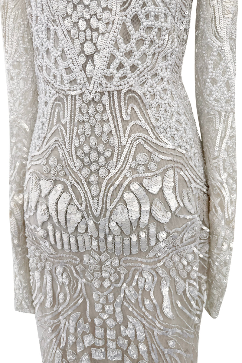Beautiful Spring 2022 Naeem Khan Bridal Collection 'Salinas' Ivory Net Dress w Sequin Pattern & Trained Skirt