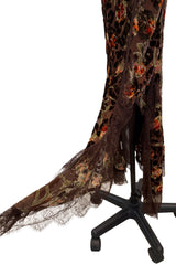 Beautiful Fall 2005 John Galliano Bias Cut Soft Brown Cut Devore Velvet & Chiffon Floral Print Dress