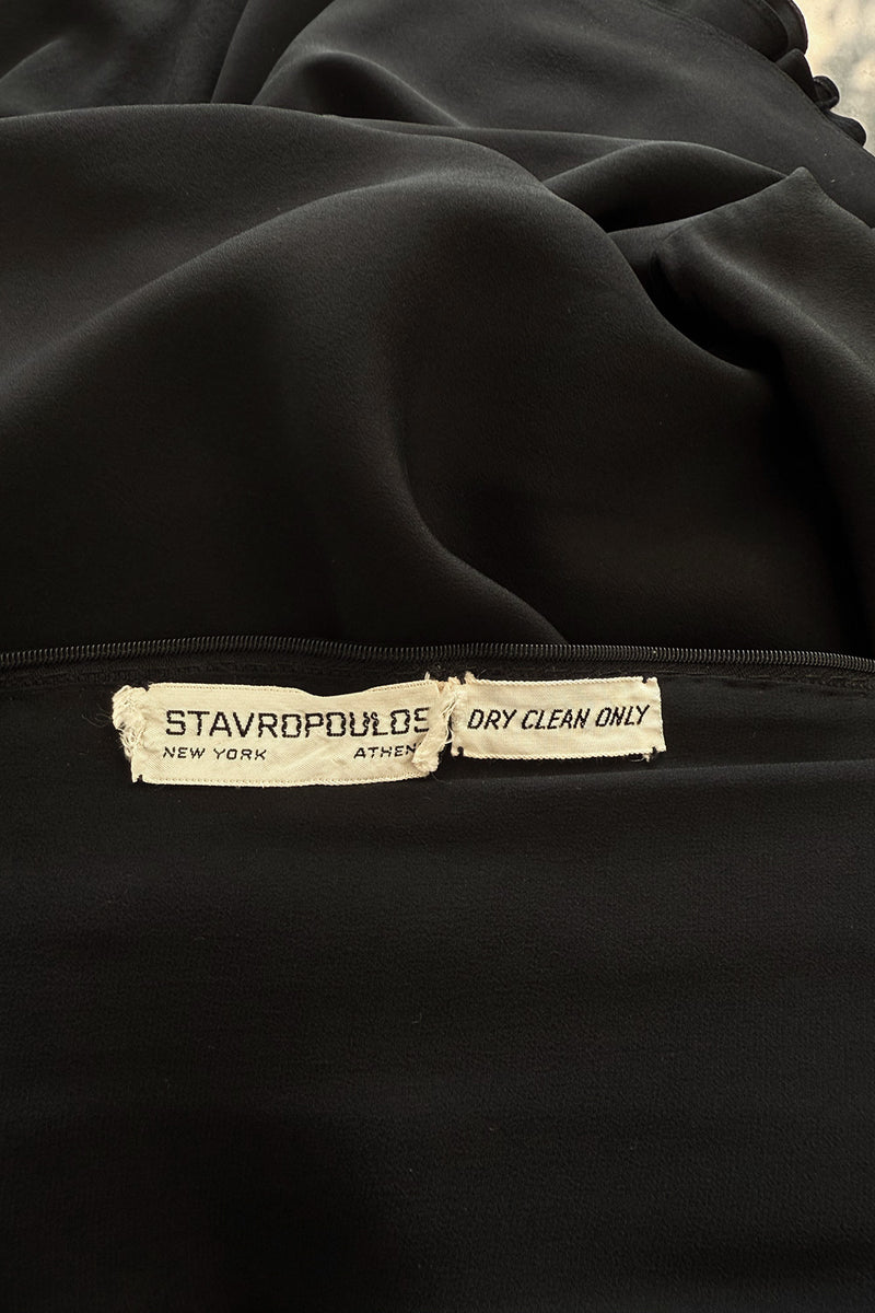 Exceptional 1970s George Stavropoulos Couture Black Silk & Bias Cut Dress w Balloon Sleeves & Flowing Skirt