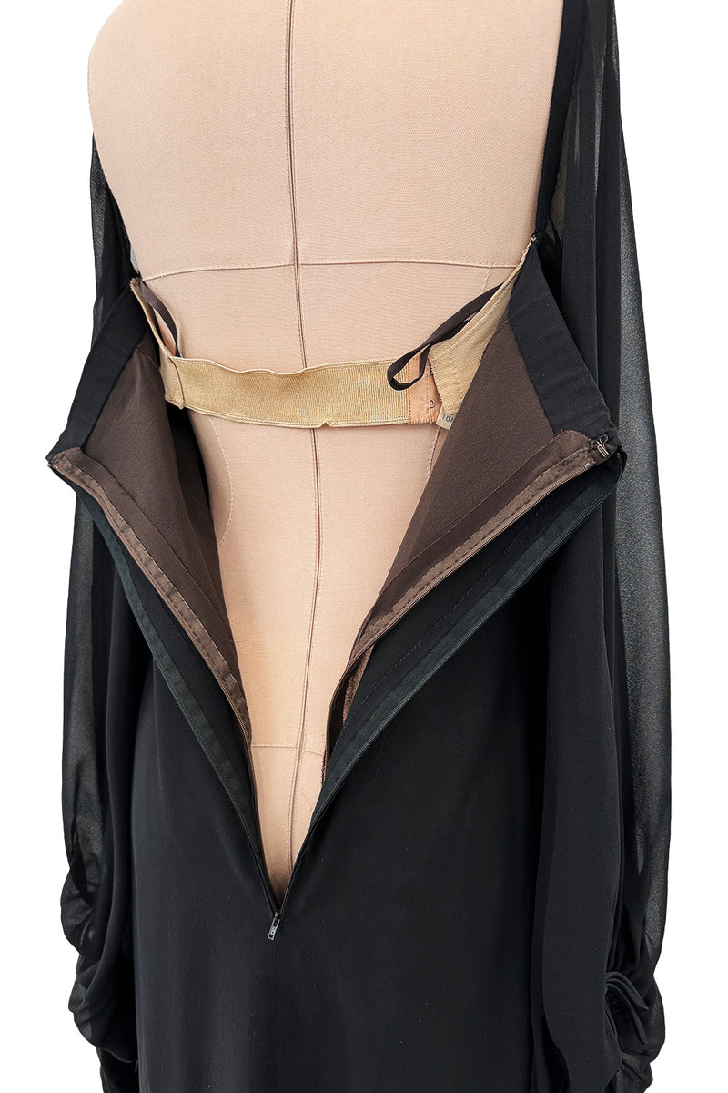 Minimalist c.1978 Pierre Cardin Haute Couture Black Silk Chiffon Dress w Huge Balloon Sleeves