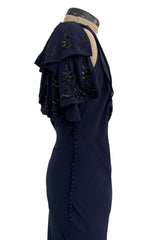 Spring 2008 Christian Dior by John Galliano Deep Blue Silk Chiffon One Shoulder Dress w Beading